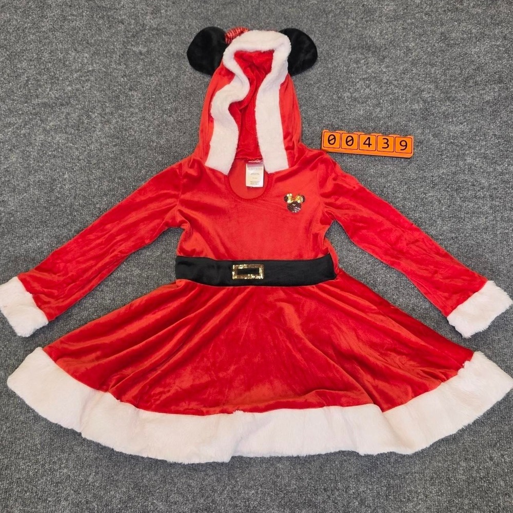 Disney Junior Minnie Mouse Santa Dress with white fur trim & black belt. Size 5.